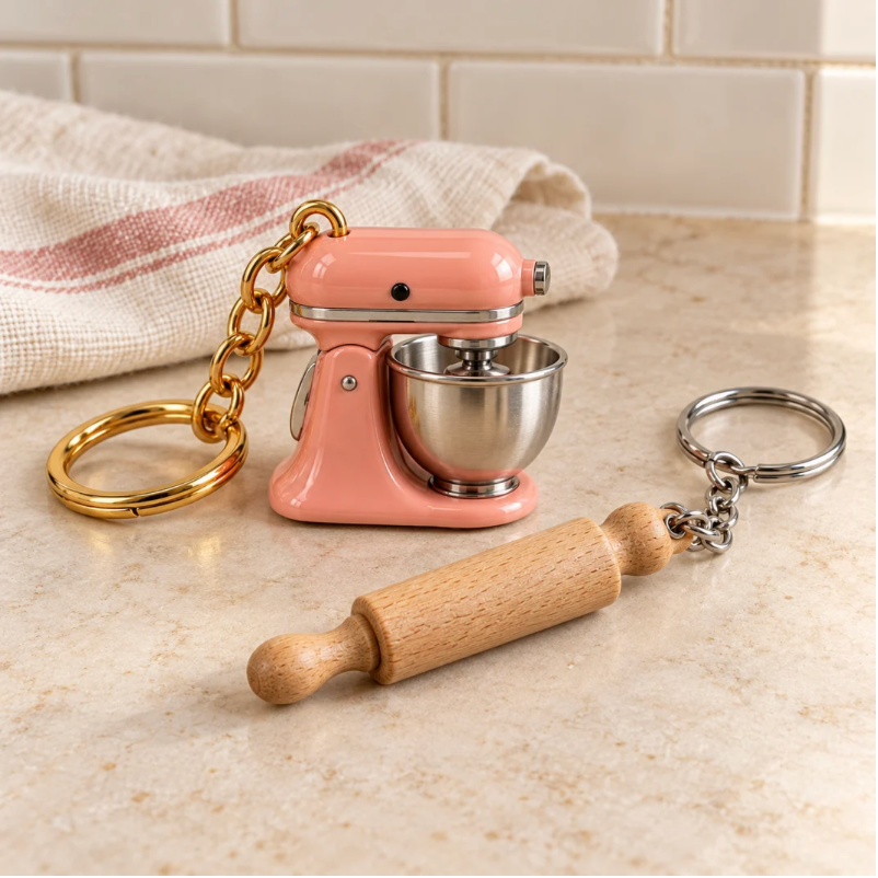 Miniature pink mixer and wooden rolling pin keychains